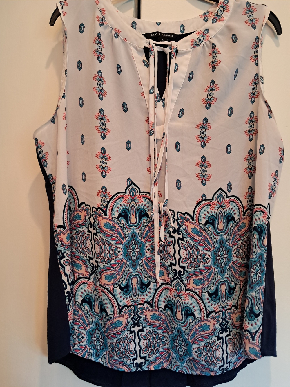 Zac & Rachel Sleeveless Paisley Print Tie-Neck Top - White/Teal